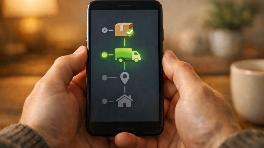 Rastreo de paquete en app móvil mostrando estado en camino a oficina de entrega