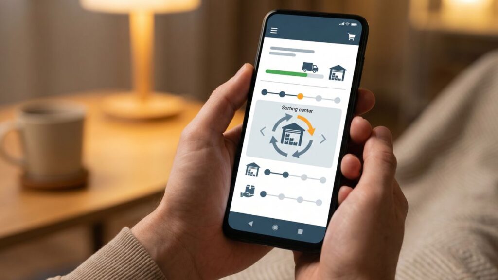App de rastreo mostrando paquete en proceso de clasificación en centro de distribución
