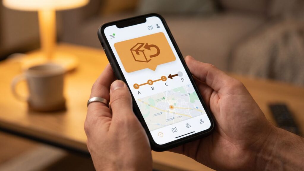 App de rastreo mostrando notificación de paquete devuelto al remitente