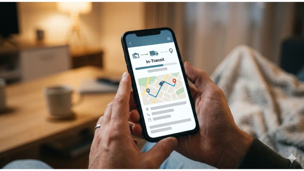 App de rastreo mostrando paquete en tránsito con mapa de ruta